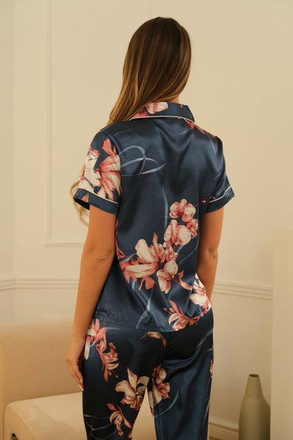 Vivienne Satin-Pyjama-Set – Marineblau